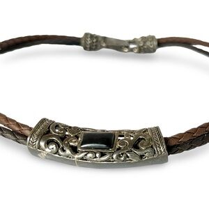 Braided Tri-Color Leather Necklace with Tubular Silver Pendant